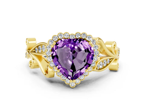 Yellow gold Heart Cut Amethyst Halo Ring with Vintage Split Shank and Four-Prong Setting