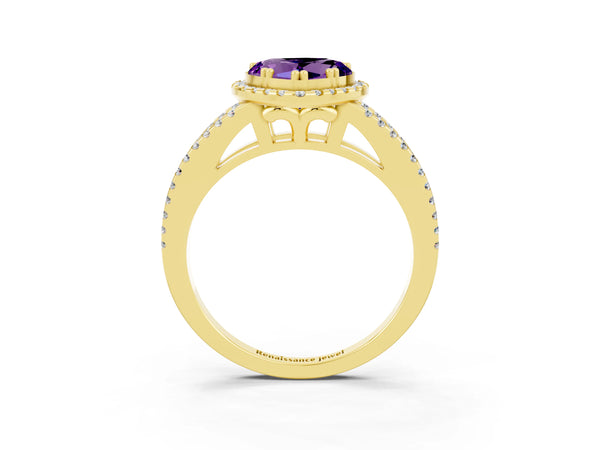 Yellow gold Heart Cut Amethyst Halo Split Shank Engagement Ring