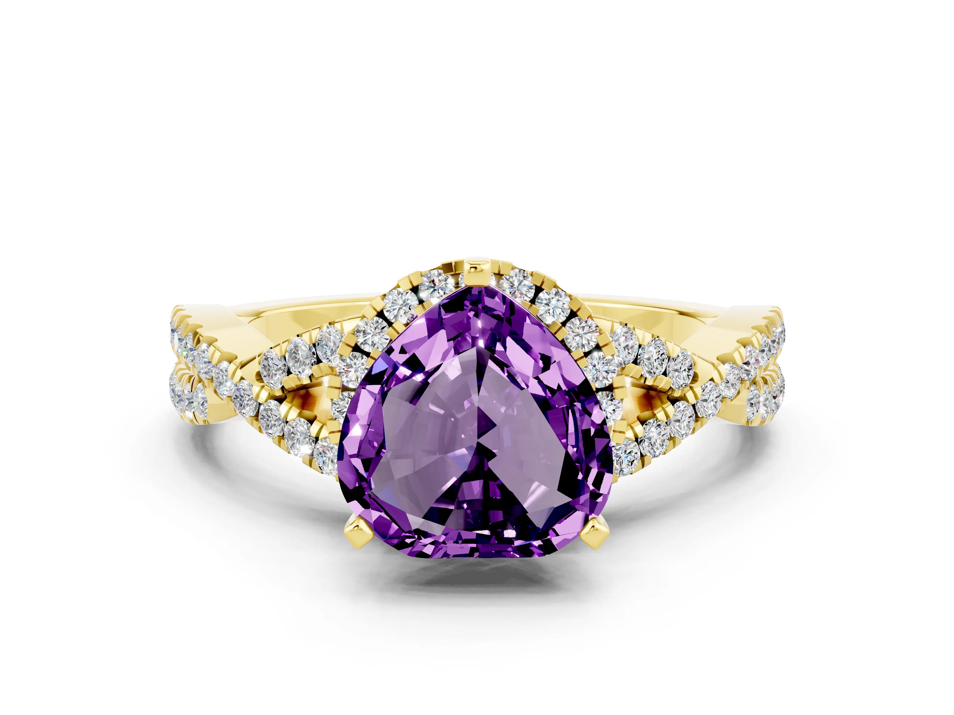 Yellow gold Heart Cut Amethyst Halo Twist Band Solitaire Prong Setting Ring