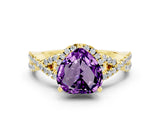 Yellow gold Heart Cut Amethyst Halo Twist Band Solitaire Prong Setting Ring