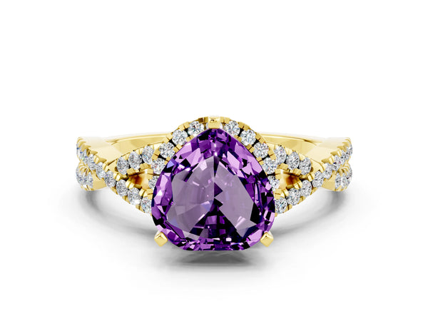 Yellow gold Heart Cut Amethyst  Halo Twist Band Solitaire Prong Setting Ring