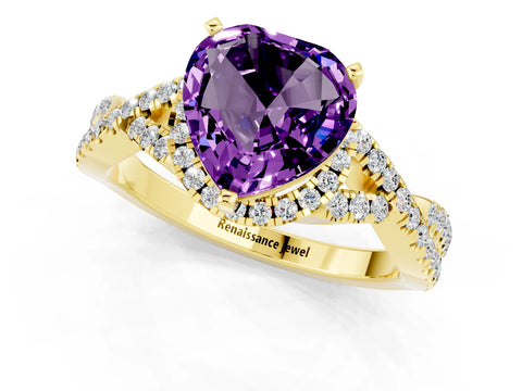 Yellow gold Heart Cut Amethyst Halo Twist Band Solitaire Prong Setting Ring_1
