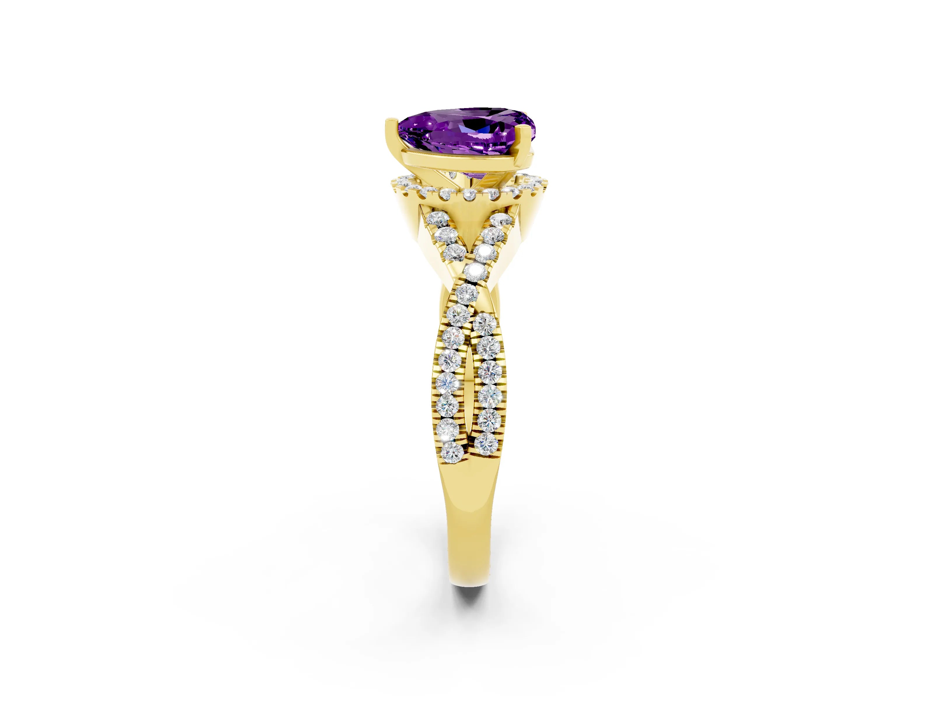 Yellow gold Heart Cut Amethyst Halo Twist Band Solitaire Prong Setting Ring_2