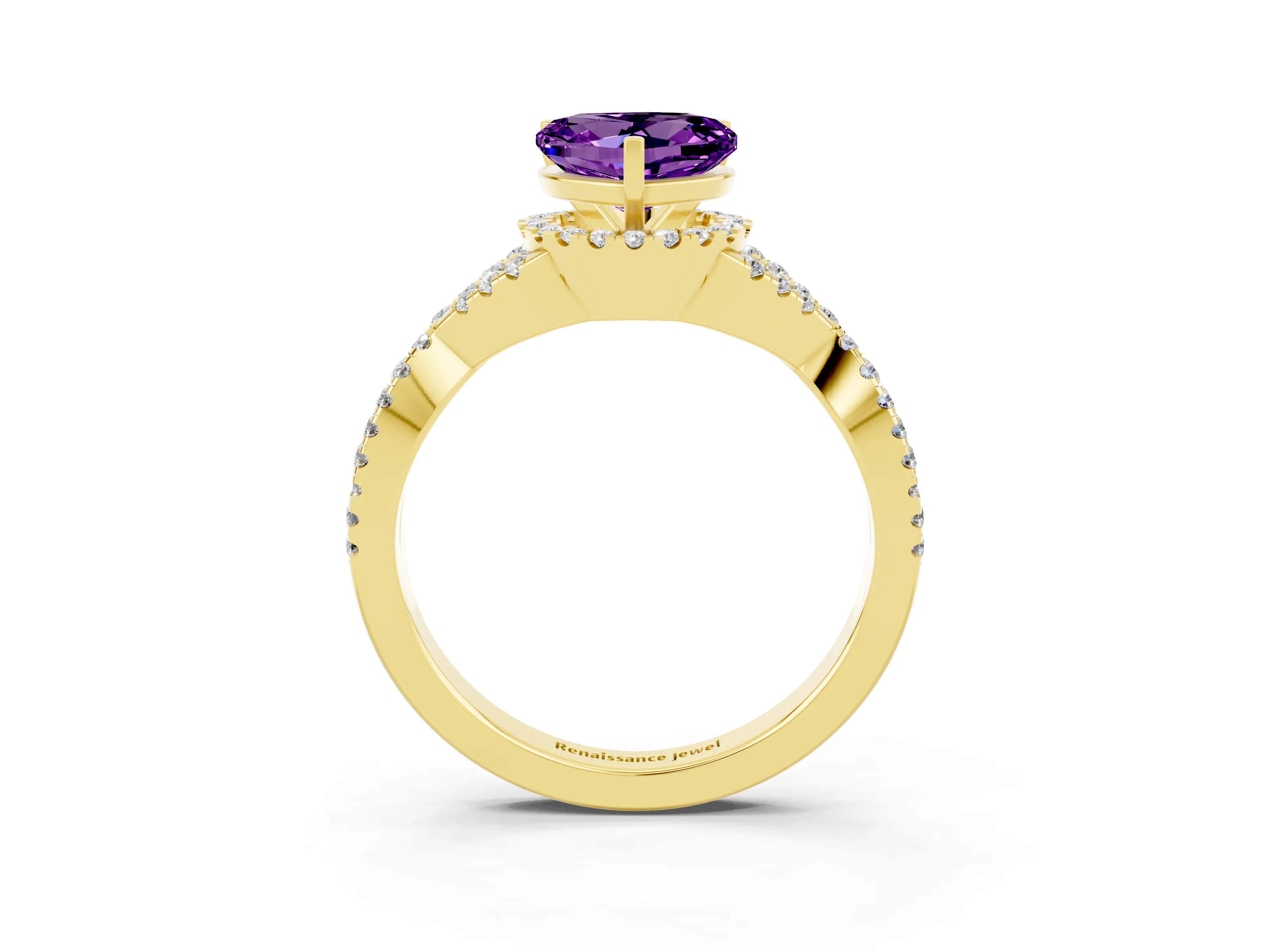 Yellow gold Heart Cut Amethyst Halo Twist Band Solitaire Prong Setting Ring_3