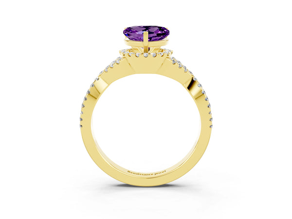 Yellow gold Heart Cut Amethyst  Halo Twist Band Solitaire Prong Setting Ring