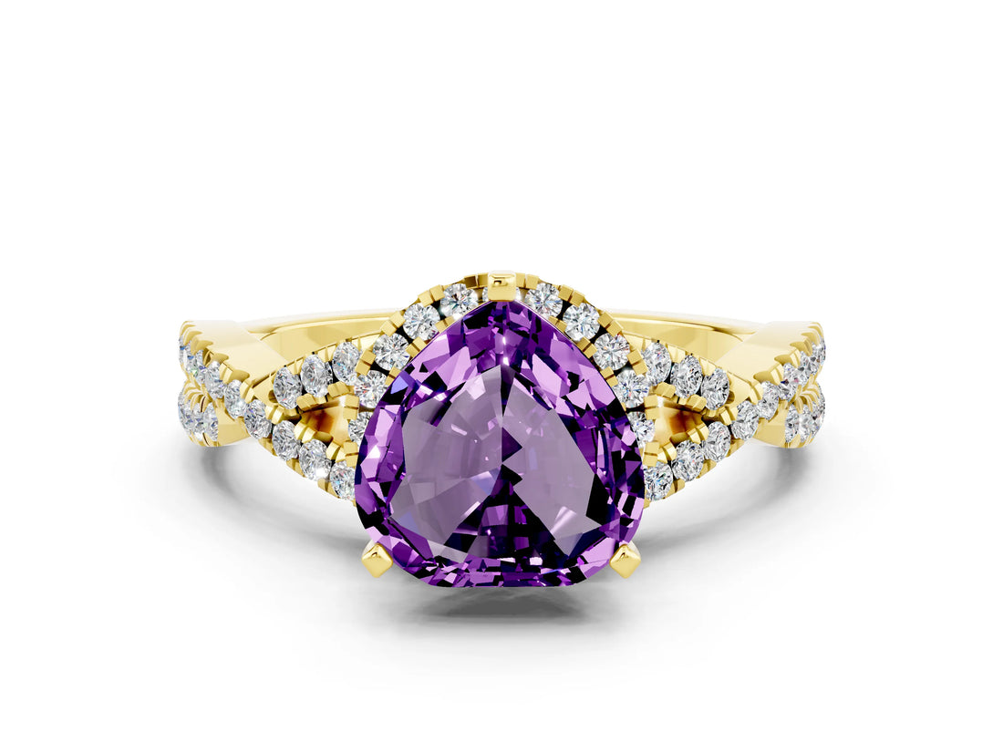 Yellow gold Heart Cut Amethyst  Halo Twist Band Solitaire Prong Setting Ring_36
