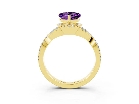 Yellow gold Heart Cut Amethyst Halo Twist Band Solitaire Prong Setting Ring_3
