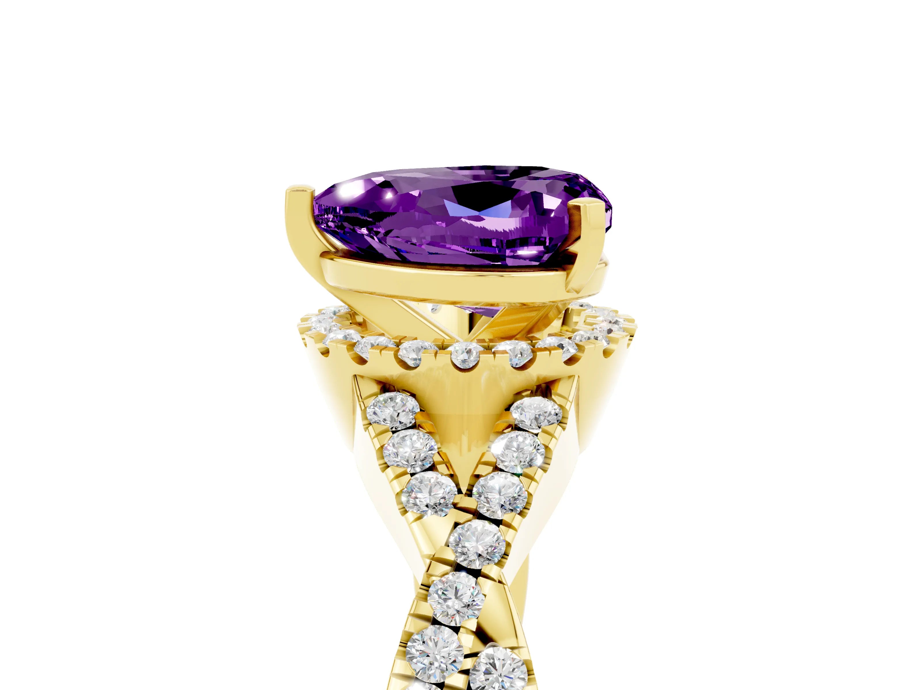 Yellow gold Heart Cut Amethyst Halo Twist Band Solitaire Prong Setting Ring_5