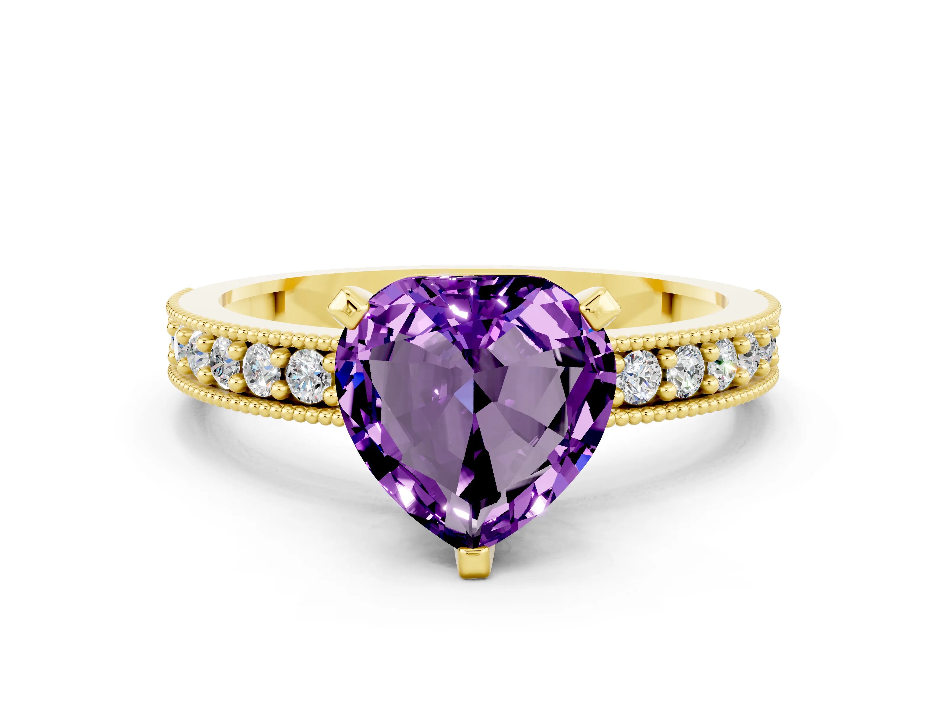 Yellow gold Heart Cut Amethyst Milgrain Pavé Engagement Ring with Four-Prong Setting_12