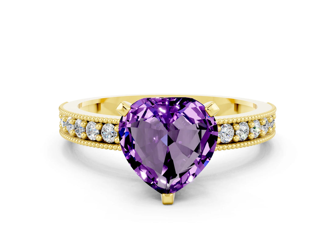 Yellow gold Heart Cut Amethyst Milgrain Pavé Engagement Ring with Four-Prong Setting_12