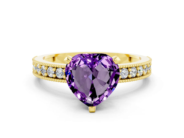 Yellow gold Heart Cut Amethyst Milgrain Pavé Engagement Ring with Four-Prong Setting