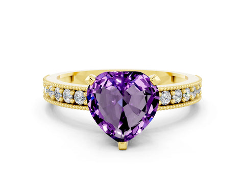 Yellow gold Heart Cut Amethyst Milgrain Pavé Engagement Ring with Four-Prong Setting_12