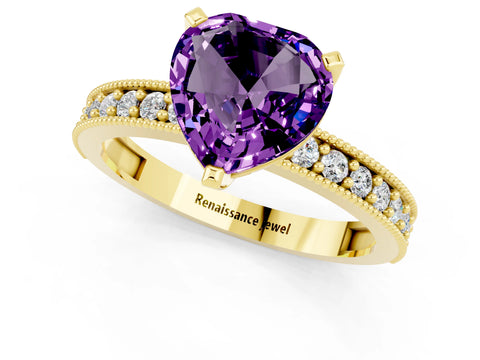 Yellow gold Heart Cut Amethyst Milgrain Pavé Engagement Ring with Four-Prong Setting_13