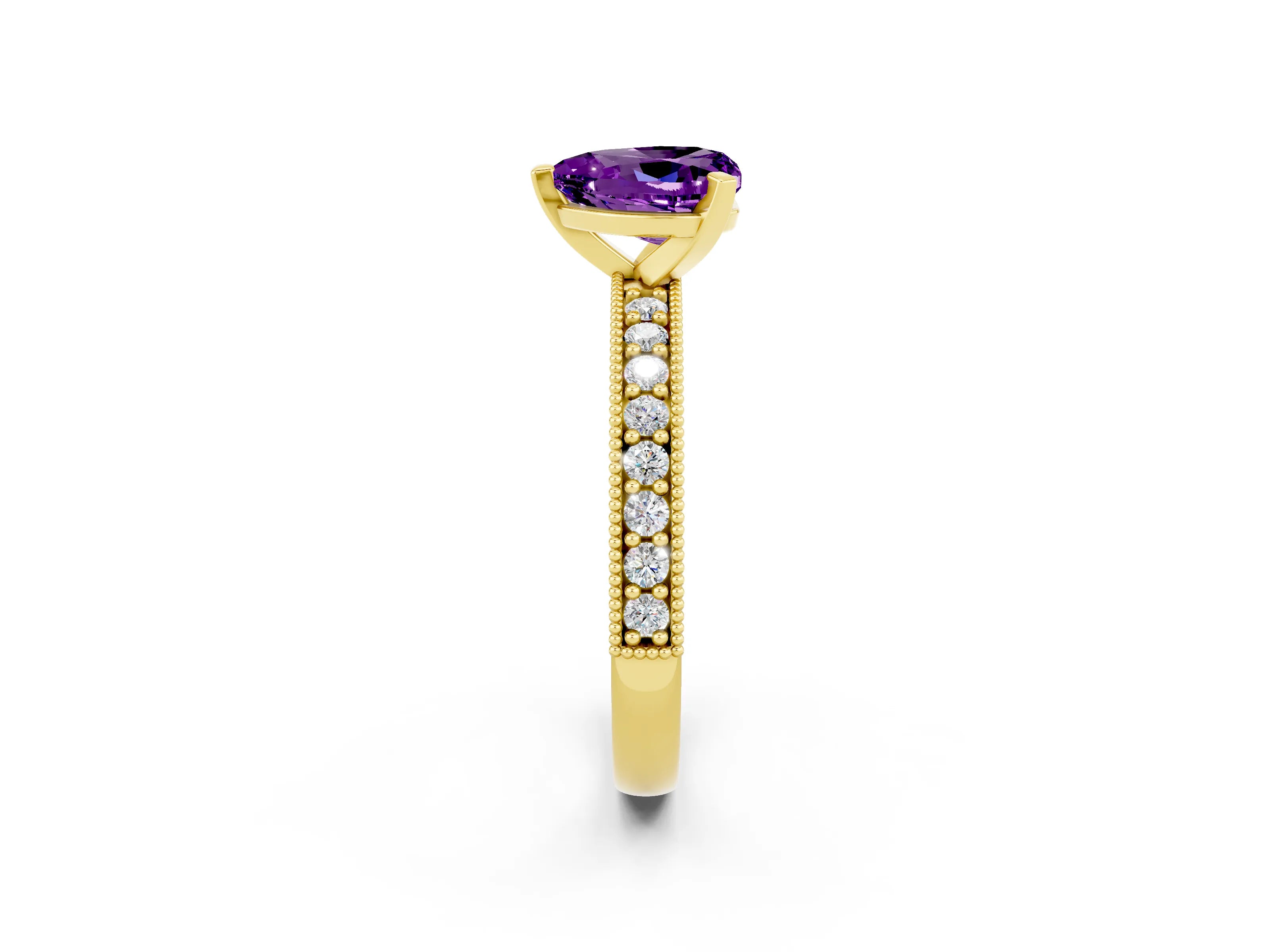 Yellow gold Heart Cut Amethyst Milgrain Pavé Engagement Ring with Four-Prong Setting_14