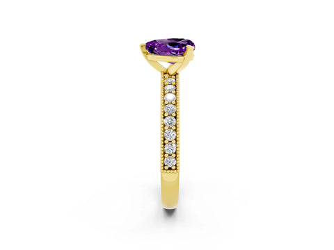 Yellow gold Heart Cut Amethyst Milgrain Pavé Engagement Ring with Four-Prong Setting_14