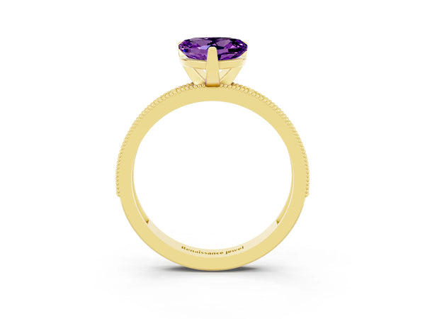 Yellow gold Heart Cut Amethyst Milgrain Pavé Engagement Ring with Four-Prong Setting
