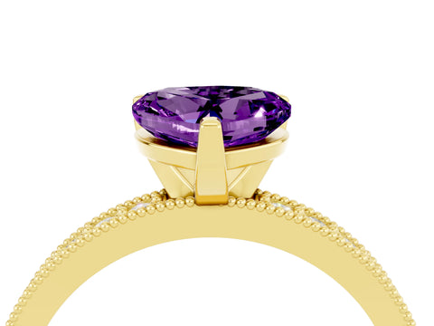 Yellow gold Heart Cut Amethyst Milgrain Pavé Engagement Ring with Four-Prong Setting_16