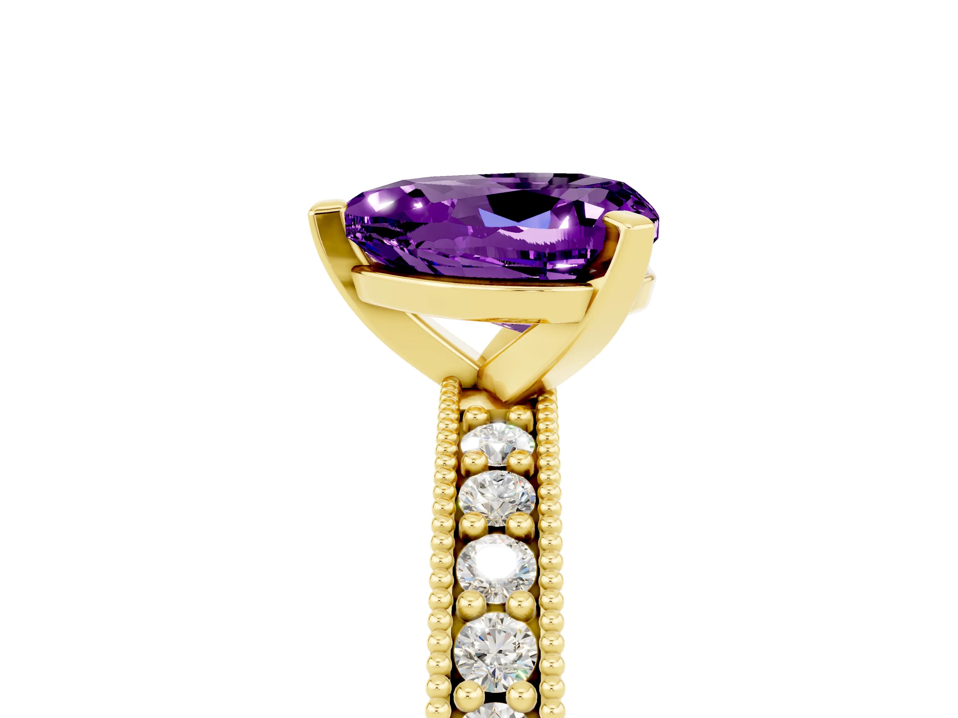 Yellow gold Heart Cut Amethyst Milgrain Pavé Engagement Ring with Four-Prong Setting_17