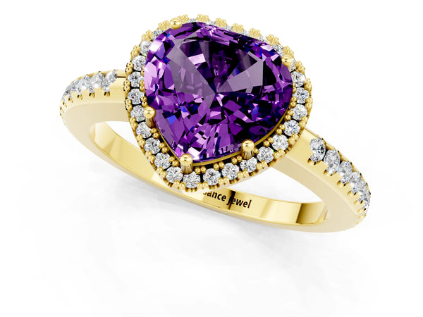 Yellow gold Heart Cut Amethyst Pavé Halo Ring with Four-Prong Setting