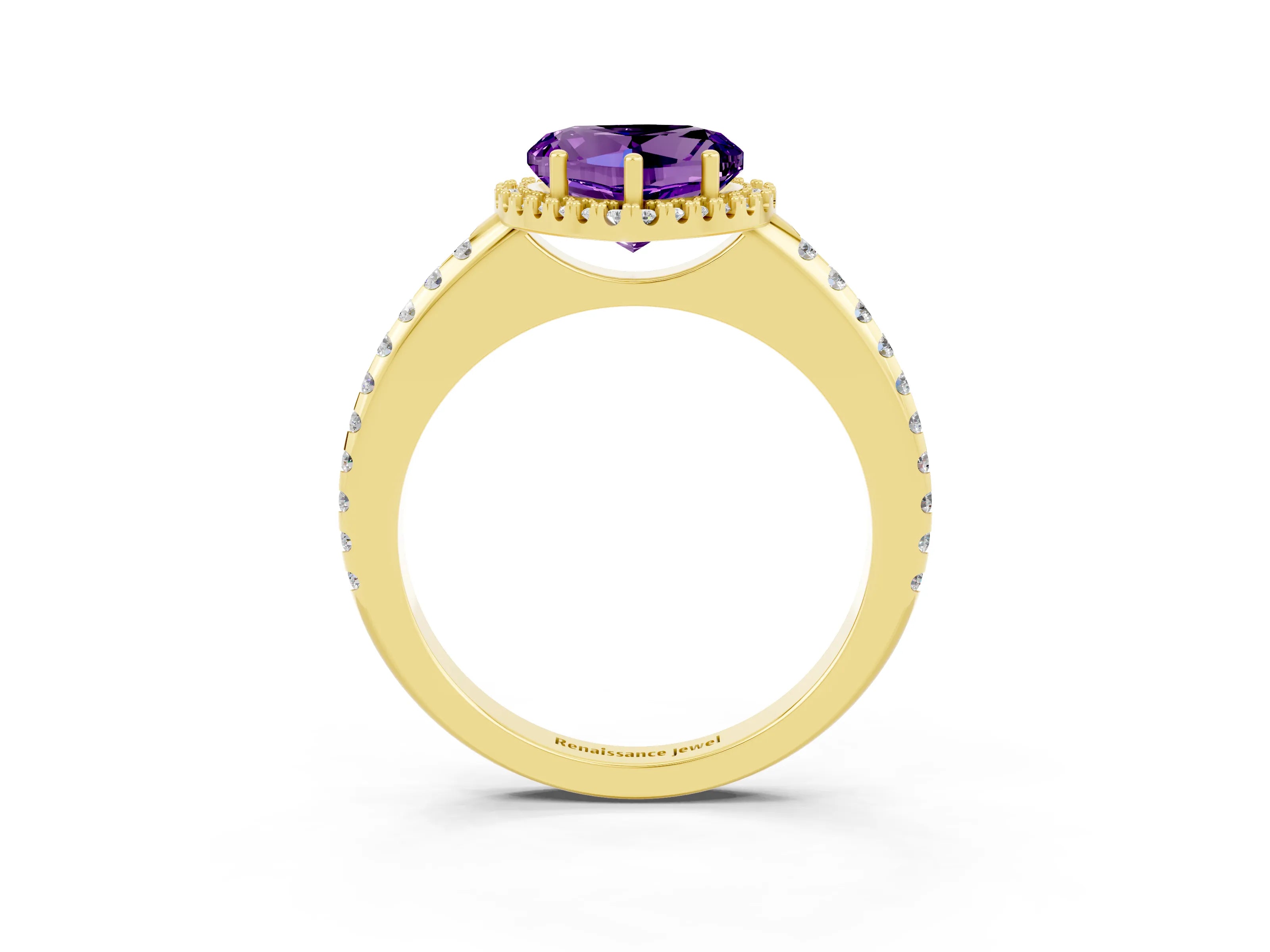 Yellow gold Heart Cut Amethyst Pavé Halo Ring with Four-Prong Setting_15