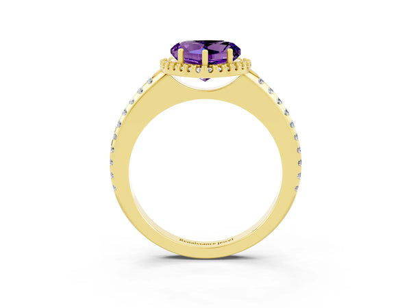 Yellow gold Heart Cut Amethyst Pavé Halo Ring with Four-Prong Setting