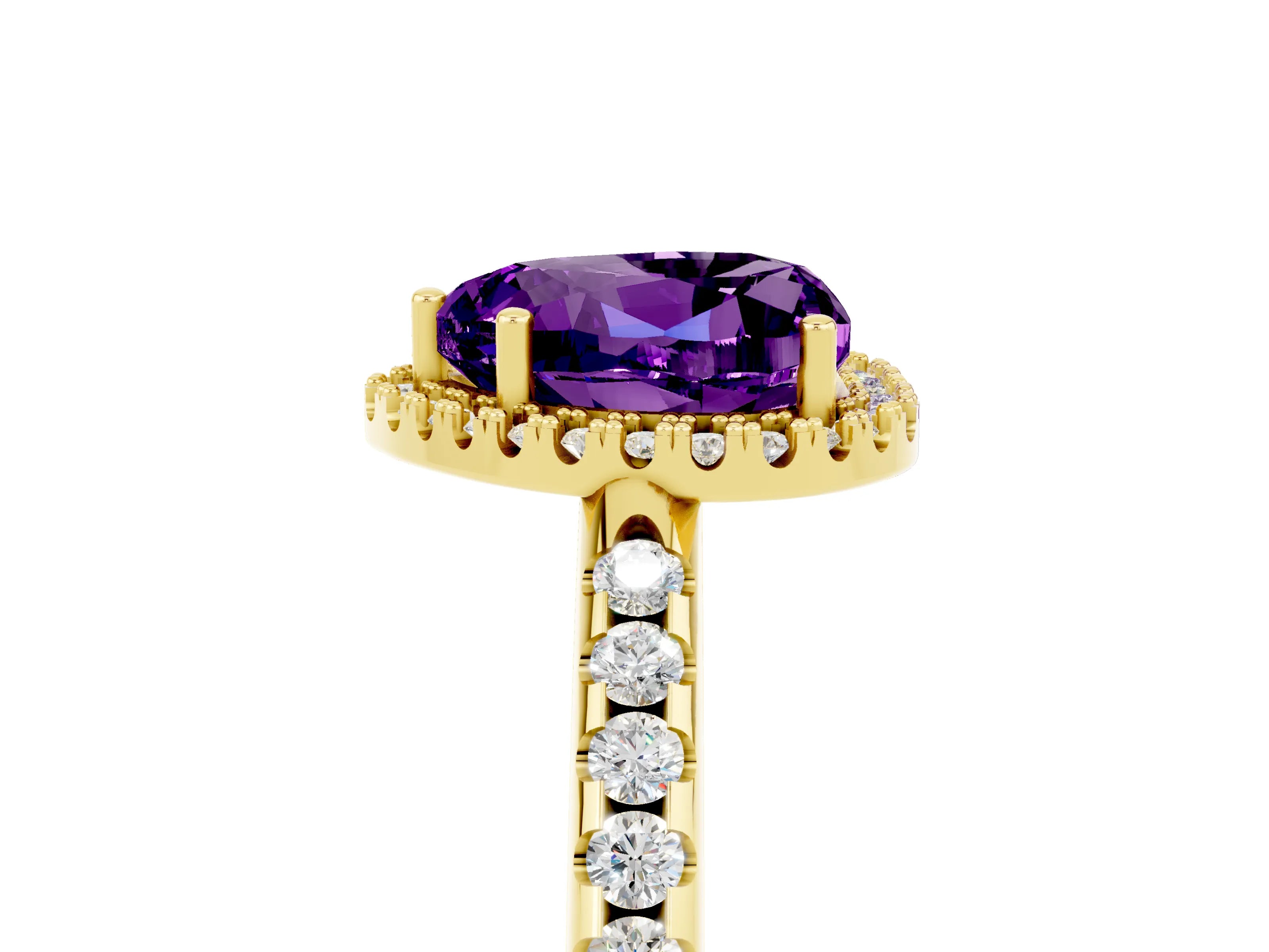 Yellow gold Heart Cut Amethyst Pavé Halo Ring with Four-Prong Setting_17