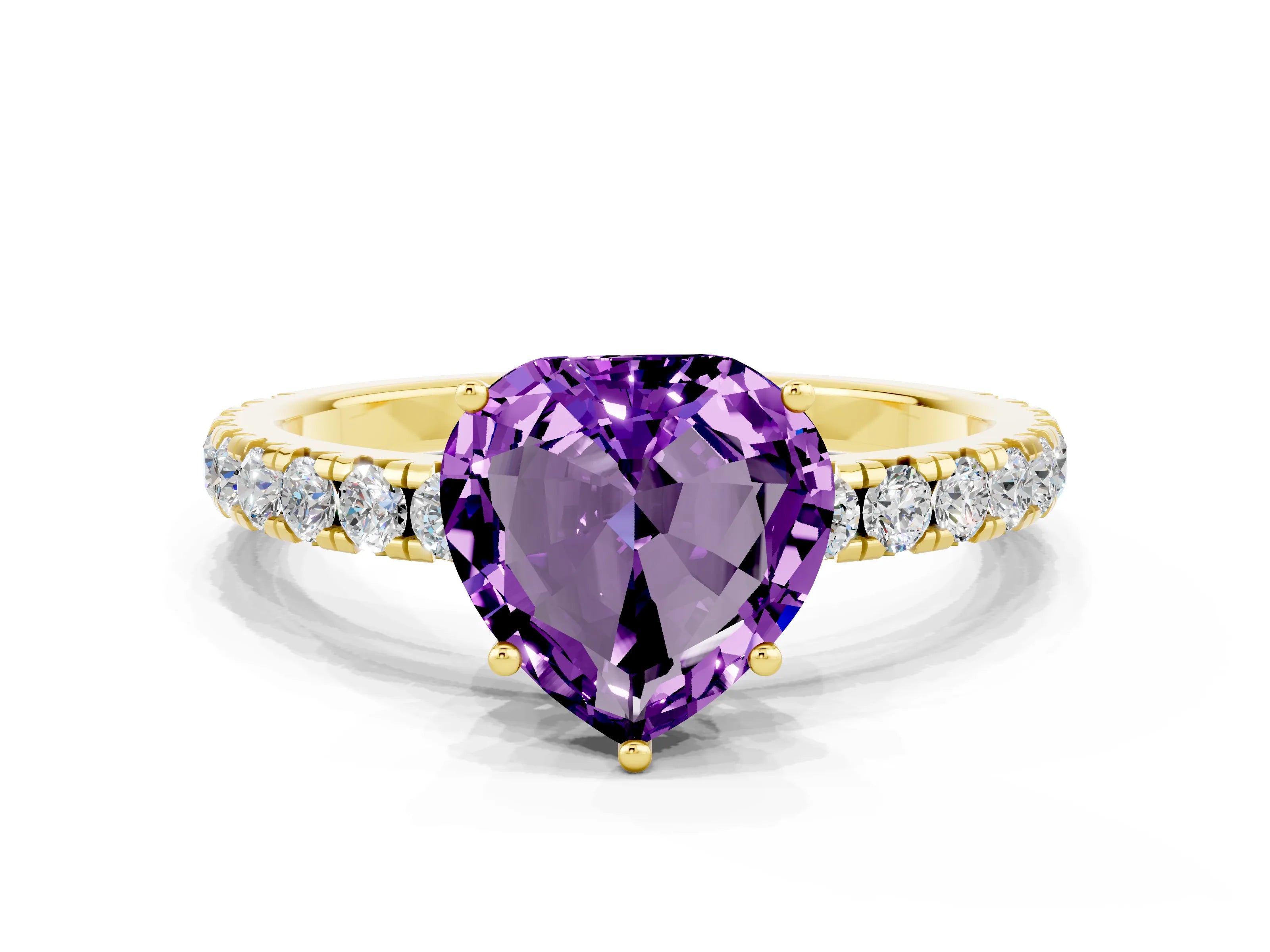 Yellow gold Heart Cut Amethyst Pavé Solitaire Engagement Ring with Four-Prong Setting_12