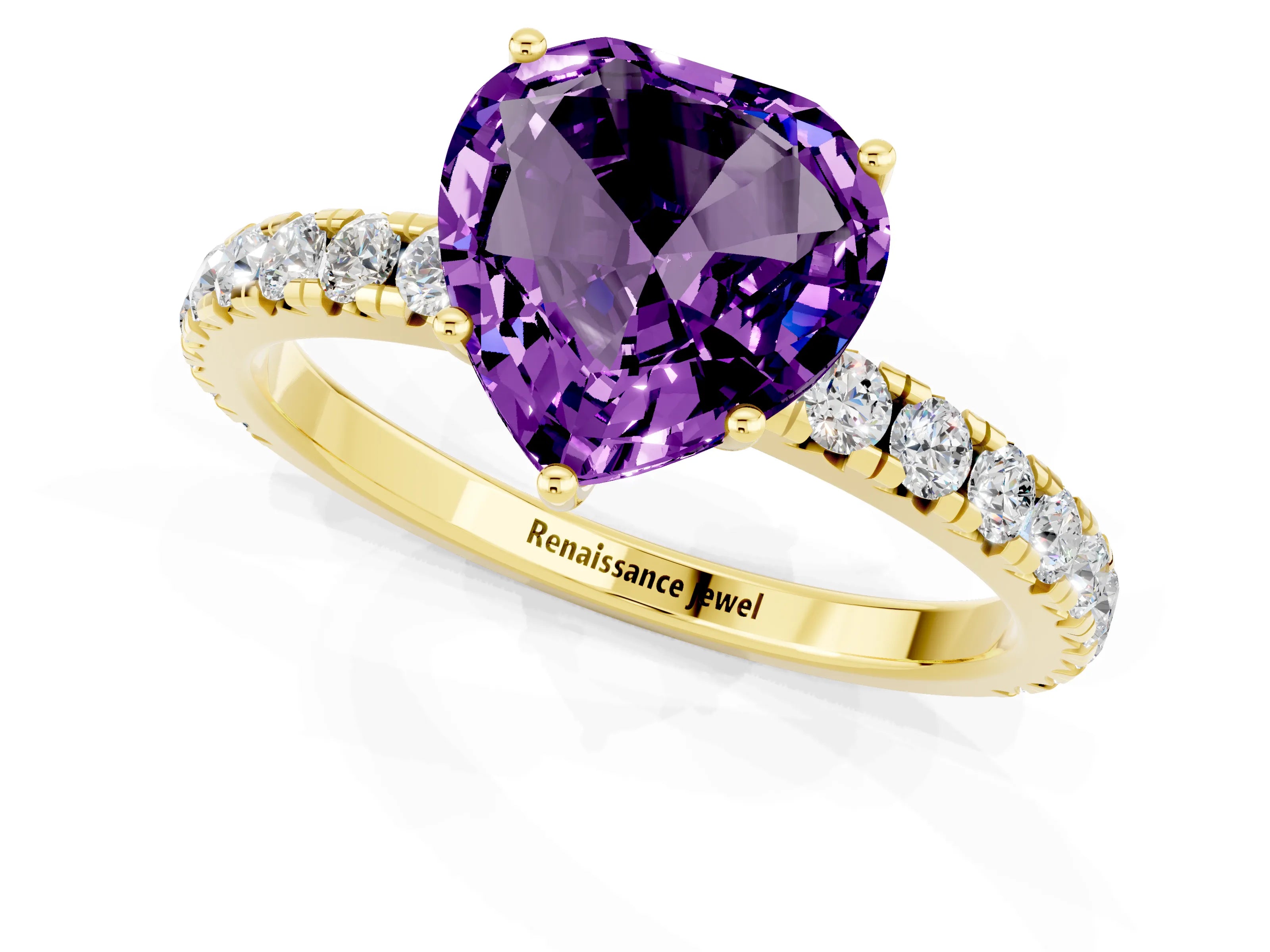 Yellow gold Heart Cut Amethyst Pavé Solitaire Engagement Ring with Four-Prong Setting_13