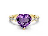 Yellow gold Heart Cut Amethyst Pavé Solitaire Ring with Round Band and Prong Setting_24