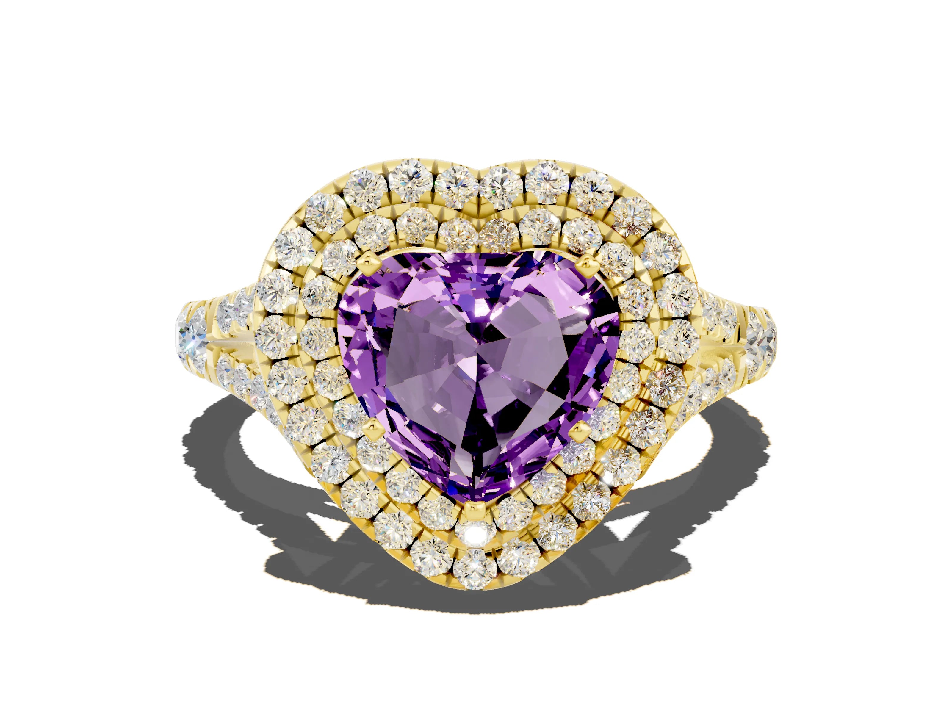 Yellow gold Heart Cut Amethyst Pavé Split Shank Double Halo Engagement Ring