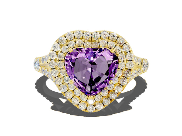 Yellow gold Heart Cut Amethyst Pavé Split Shank Double Halo Engagement Ring