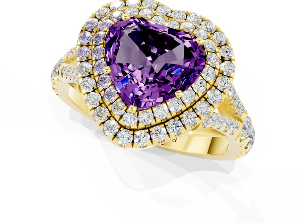 Yellow gold Heart Cut Amethyst Pavé Split Shank Double Halo Engagement Ring