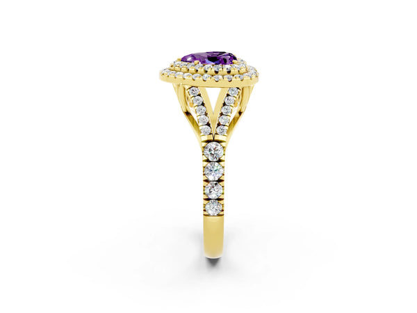 Yellow gold Heart Cut Amethyst Pavé Split Shank Double Halo Engagement Ring