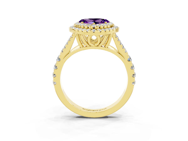 Yellow gold Heart Cut Amethyst Pavé Split Shank Double Halo Engagement Ring
