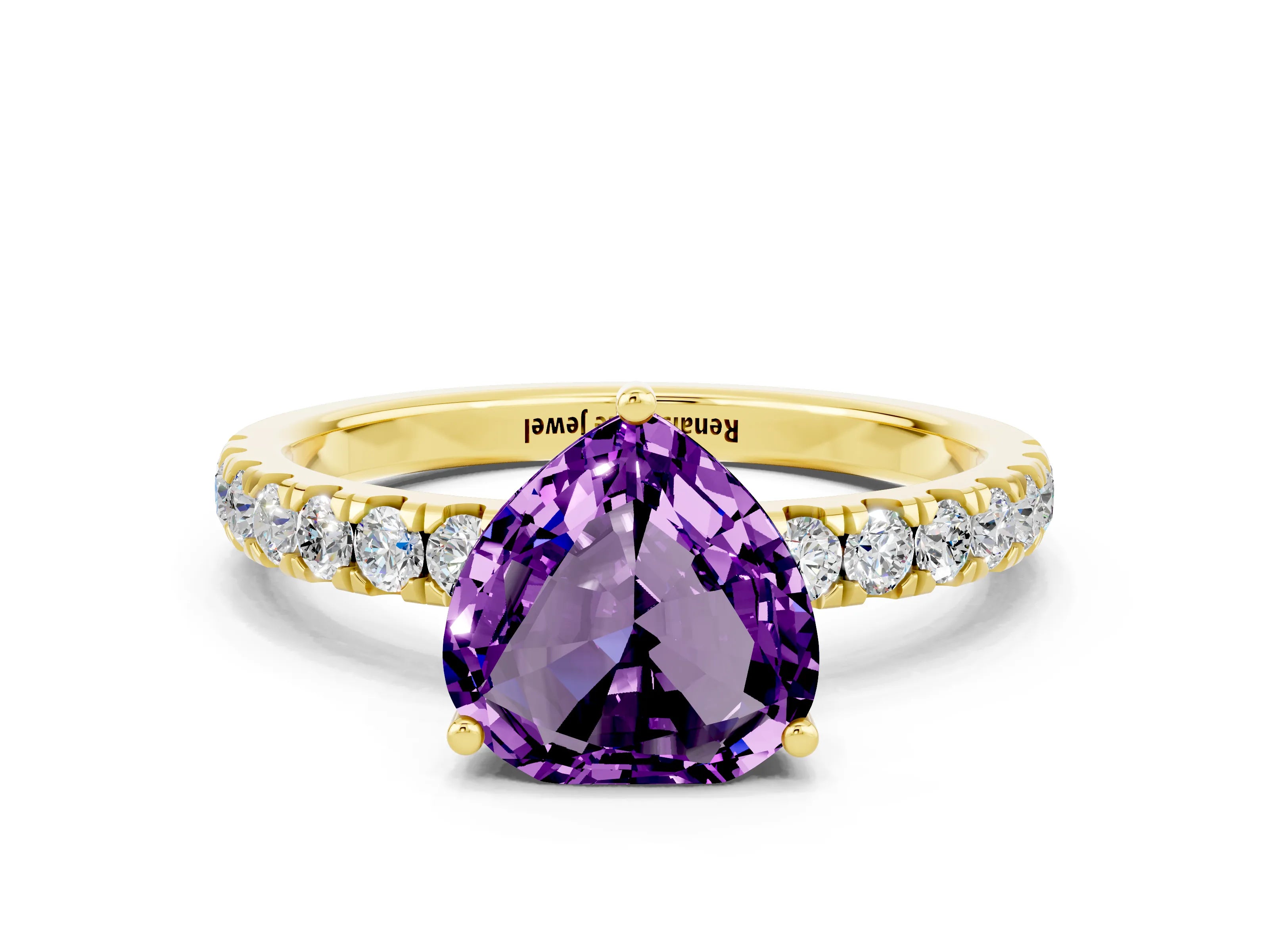 Yellow gold Heart Cut Amethyst Pave Band Solitaire Ring with Four-Prong Setting_24