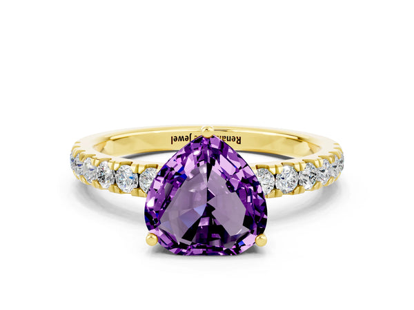 Yellow gold Heart Cut Amethyst Pave Band Solitaire Ring with Round  and Prong Setting