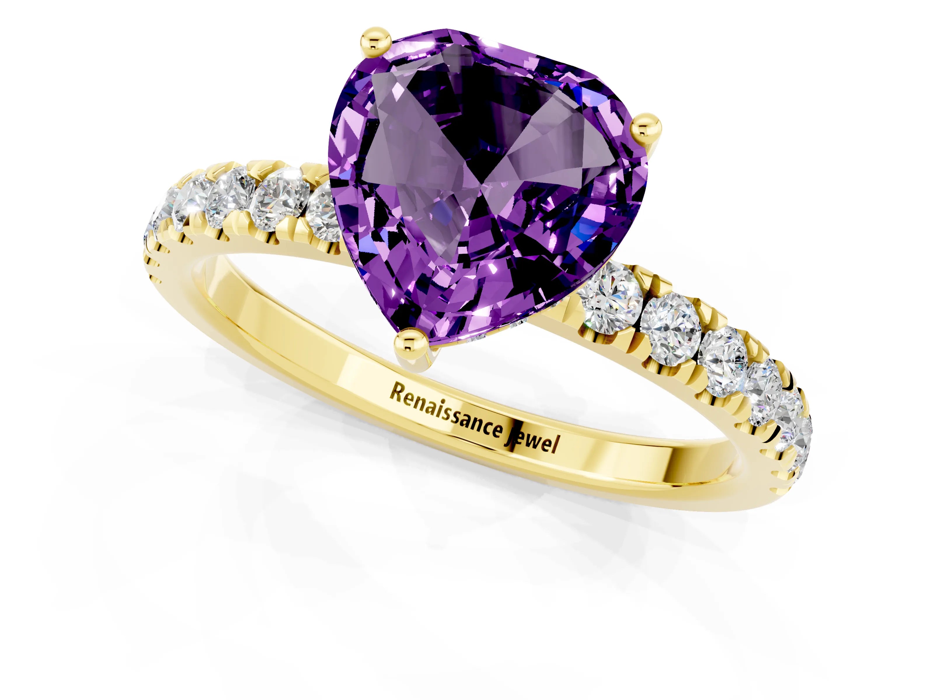 Yellow gold Heart Cut Amethyst Pave Band Solitaire Ring with Four-Prong Setting_25