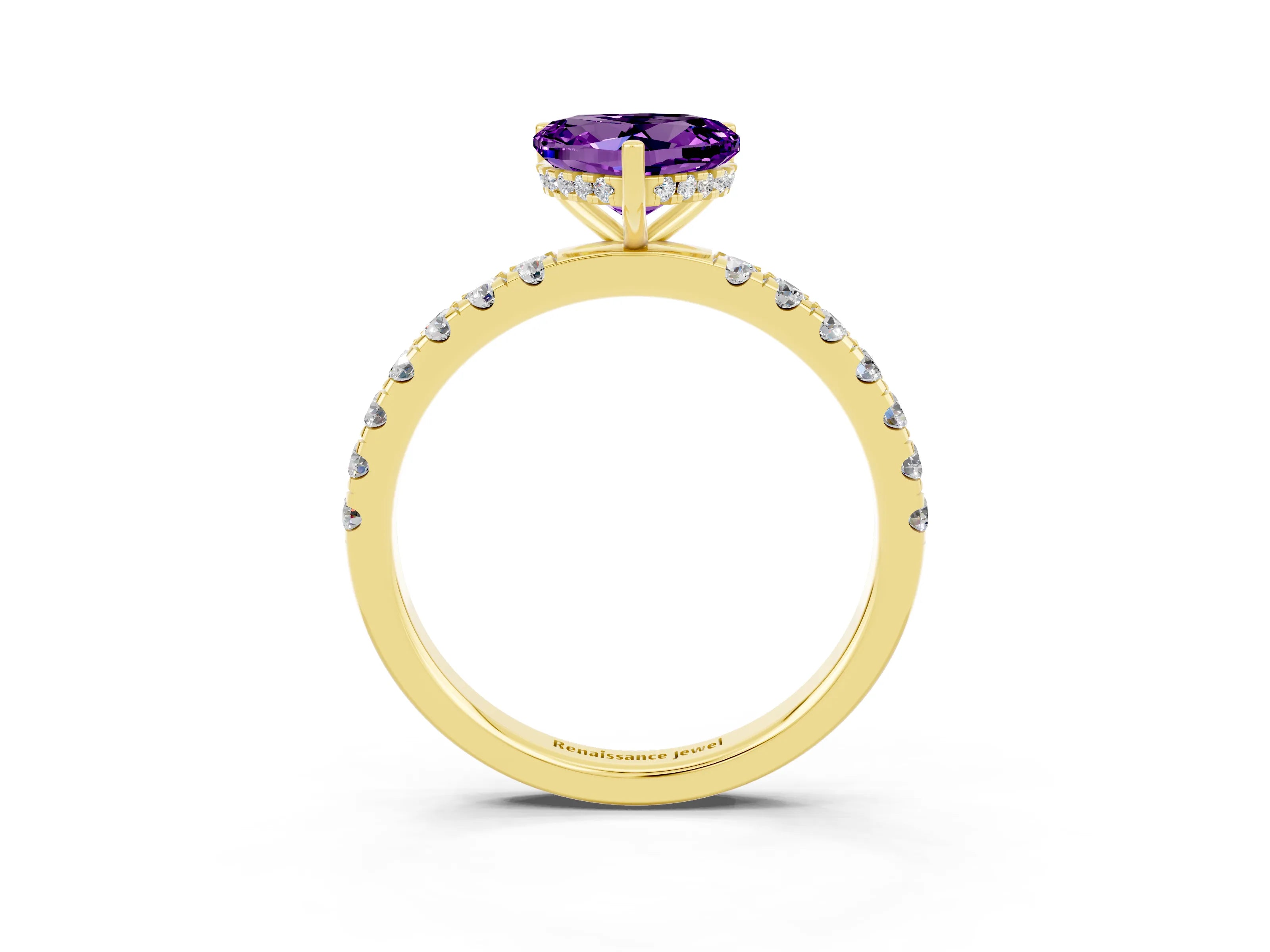 Yellow gold Heart Cut Amethyst Pave Band Solitaire Ring with Four-Prong Setting_27