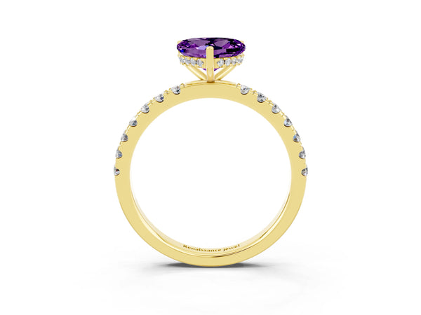 Yellow gold Heart Cut Amethyst Pave Band Solitaire Ring with Round  and Prong Setting