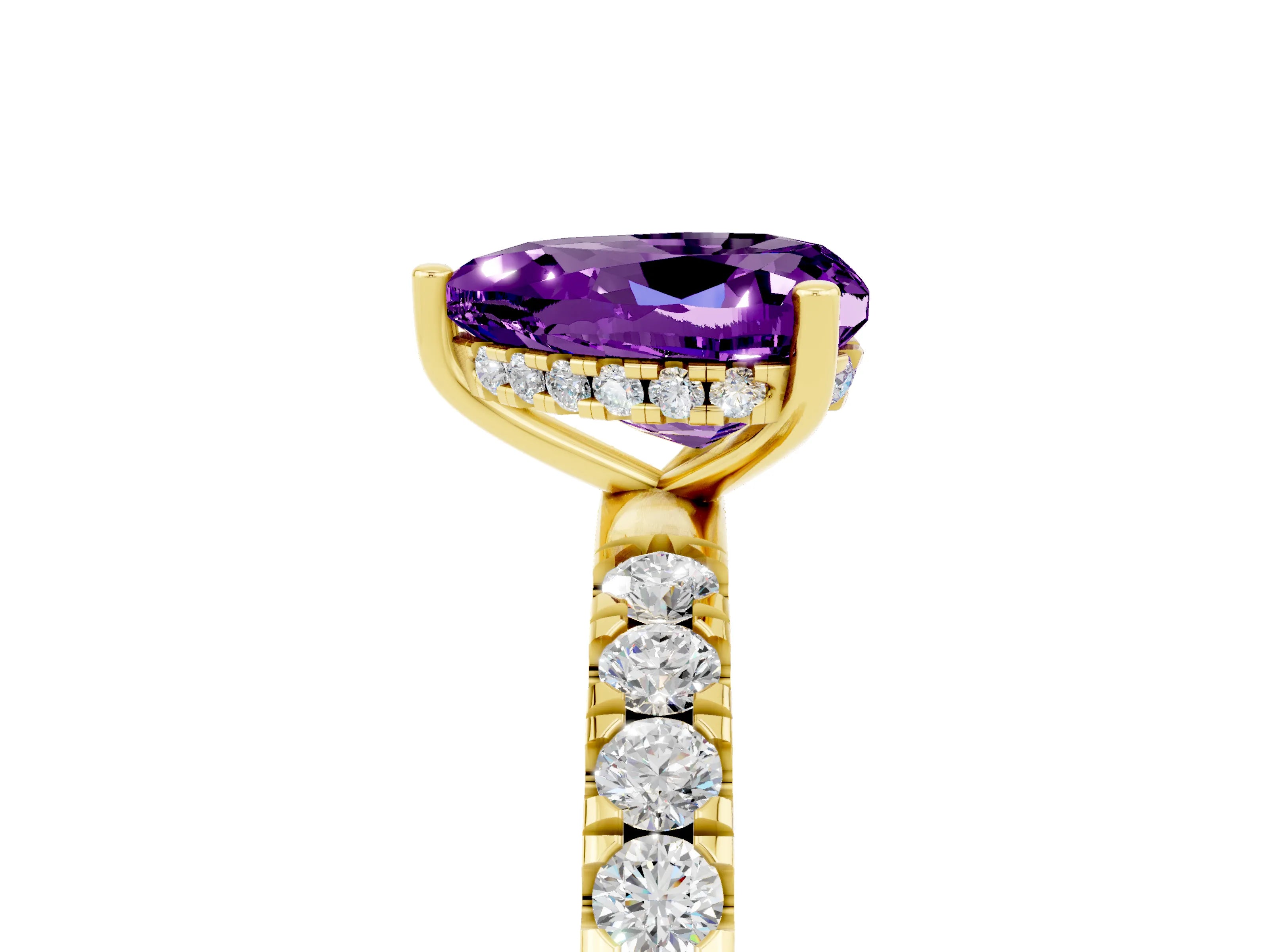 Yellow gold Heart Cut Amethyst Pave Band Solitaire Ring with Four-Prong Setting_29