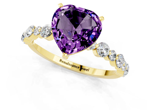 Yellow gold Heart Cut Amethyst Prong Set Engagement Ring with Pavé Band_1