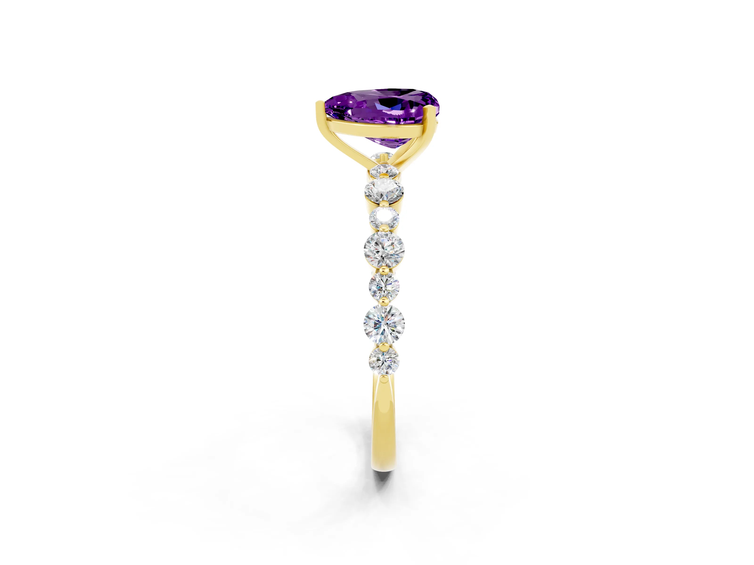 Yellow gold Heart Cut Amethyst Prong Set Engagement Ring with Pavé Band_2