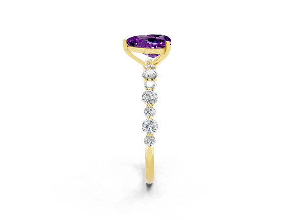 Yellow gold Heart Cut Amethyst Prong Set Engagement Ring with Pavé Band