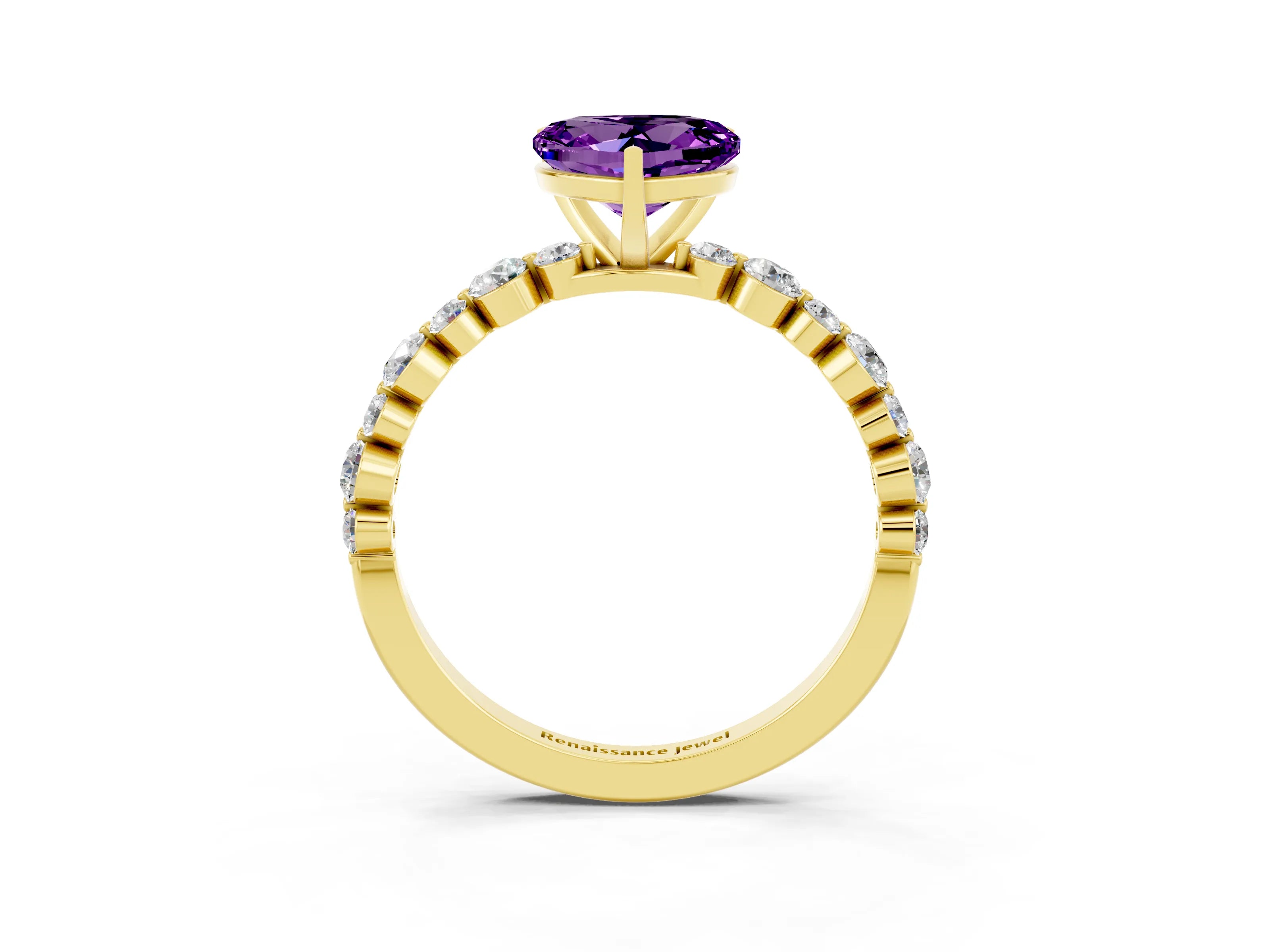 Yellow gold Heart Cut Amethyst Prong Set Engagement Ring with Pavé Band_3