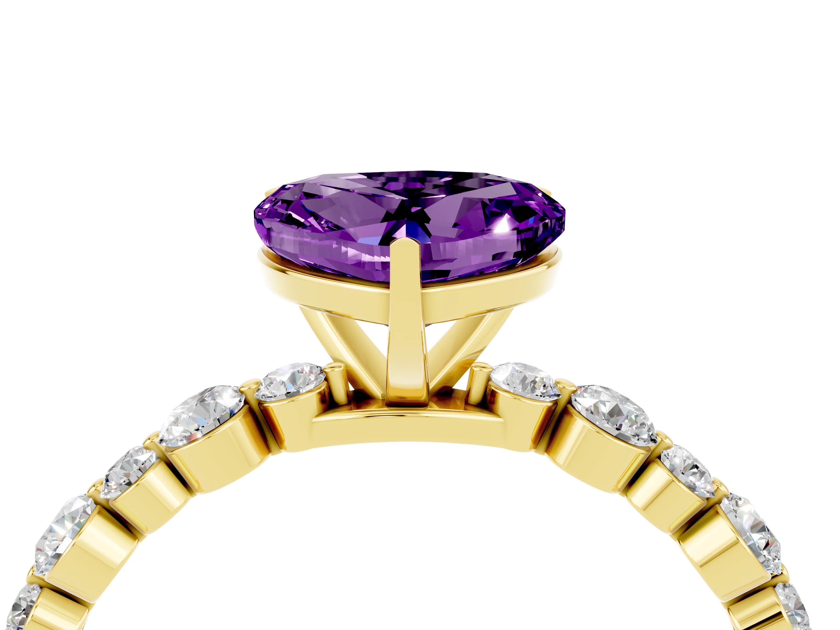 Yellow gold Heart Cut Amethyst Prong Set Engagement Ring with Pavé Band_4