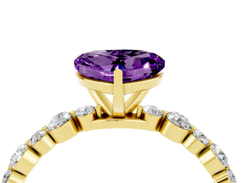 Yellow gold Heart Cut Amethyst Prong Set Engagement Ring with Pavé Band_4