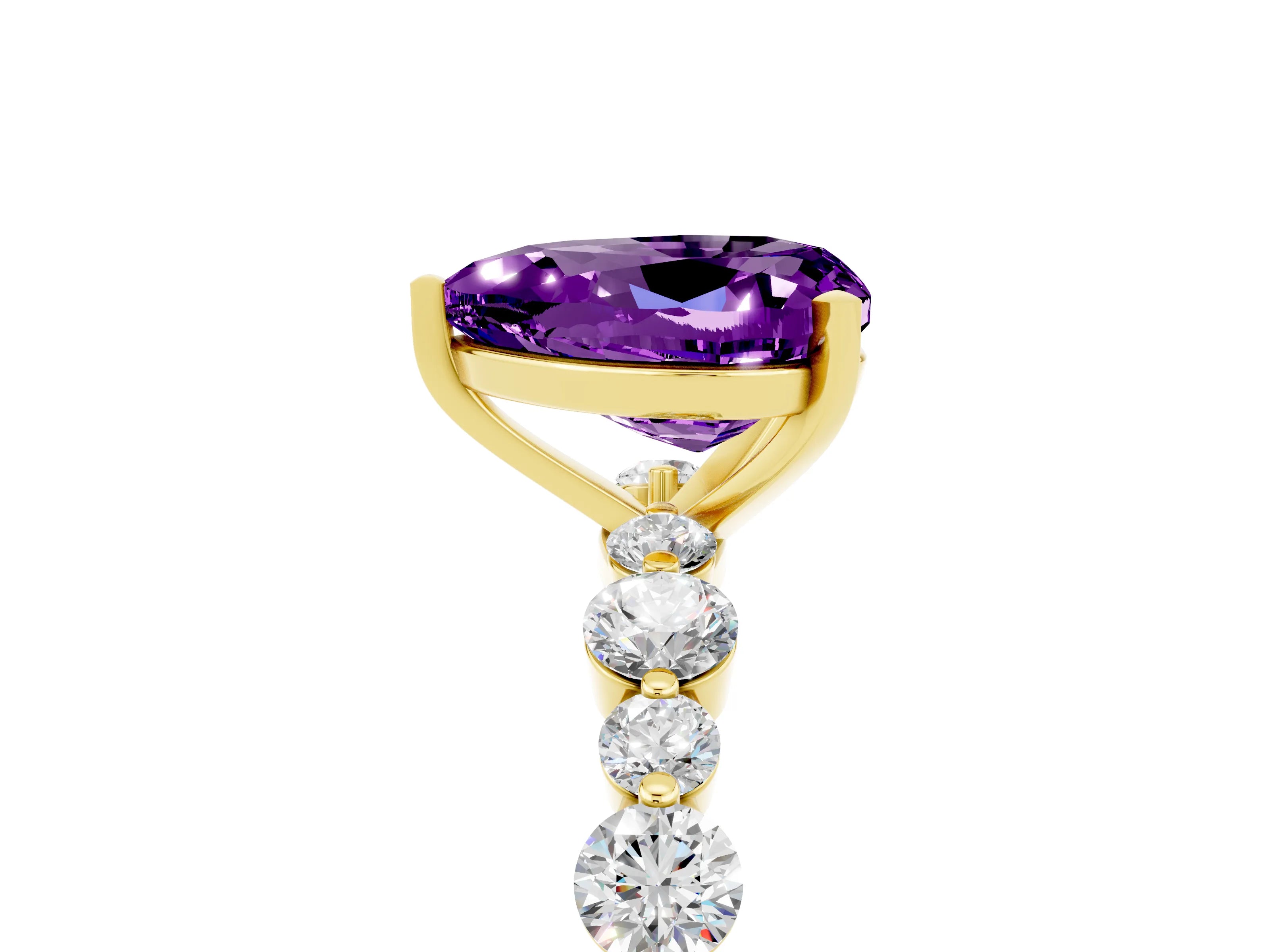 Yellow gold Heart Cut Amethyst Prong Set Engagement Ring with Pavé Band_5