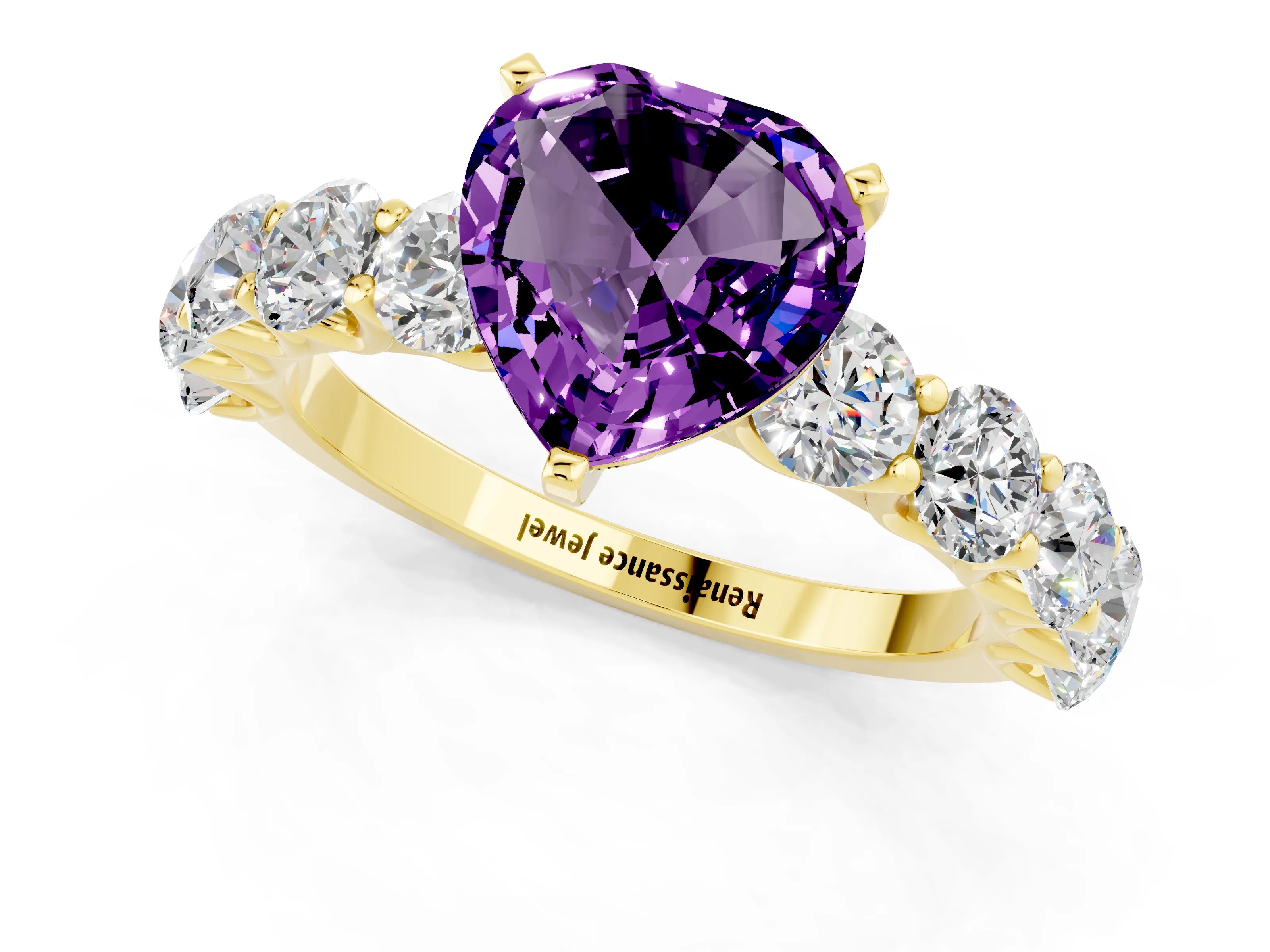 Yellow gold Heart Cut Amethyst Prong Setting with Side Stones on a Pave Band_1