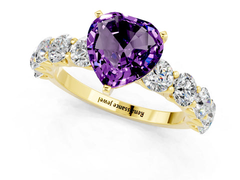 Yellow gold Heart Cut Amethyst Prong Setting with Side Stones on a Pave Band_1