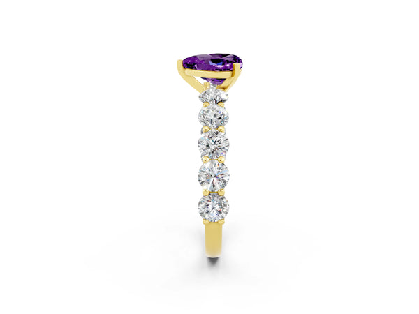 Yellow gold Heart Cut Amethyst Prong Setting with Side Stones on a Pave Band
